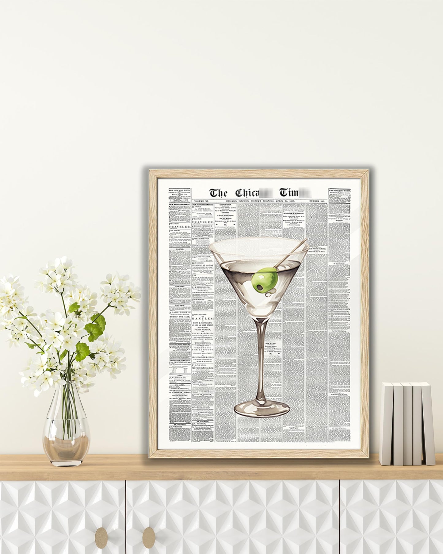 EcoHest Trendy Newspaper Martini Framed Wall Art, 12x16 in OAK Wood Retro Bar Cart Canvas Art, Magazine Aesthetic Apartment Art, Beige Logs Funky 70's Set of 1 for Bedroom Living Room
