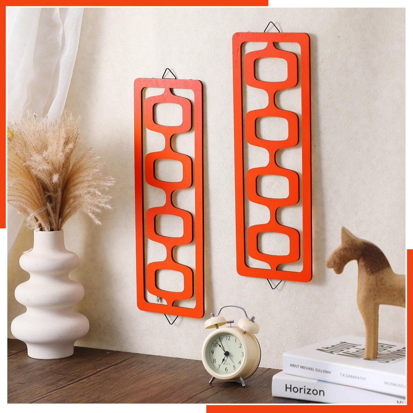 CroBlissful 2 Pcs Mid Century Modern Wall Art Wood Mid Century Elegance Decor Accents Abstract Wall Sculpture Geometric Panels for Interior Panel Art for Home Living Room(Orange)