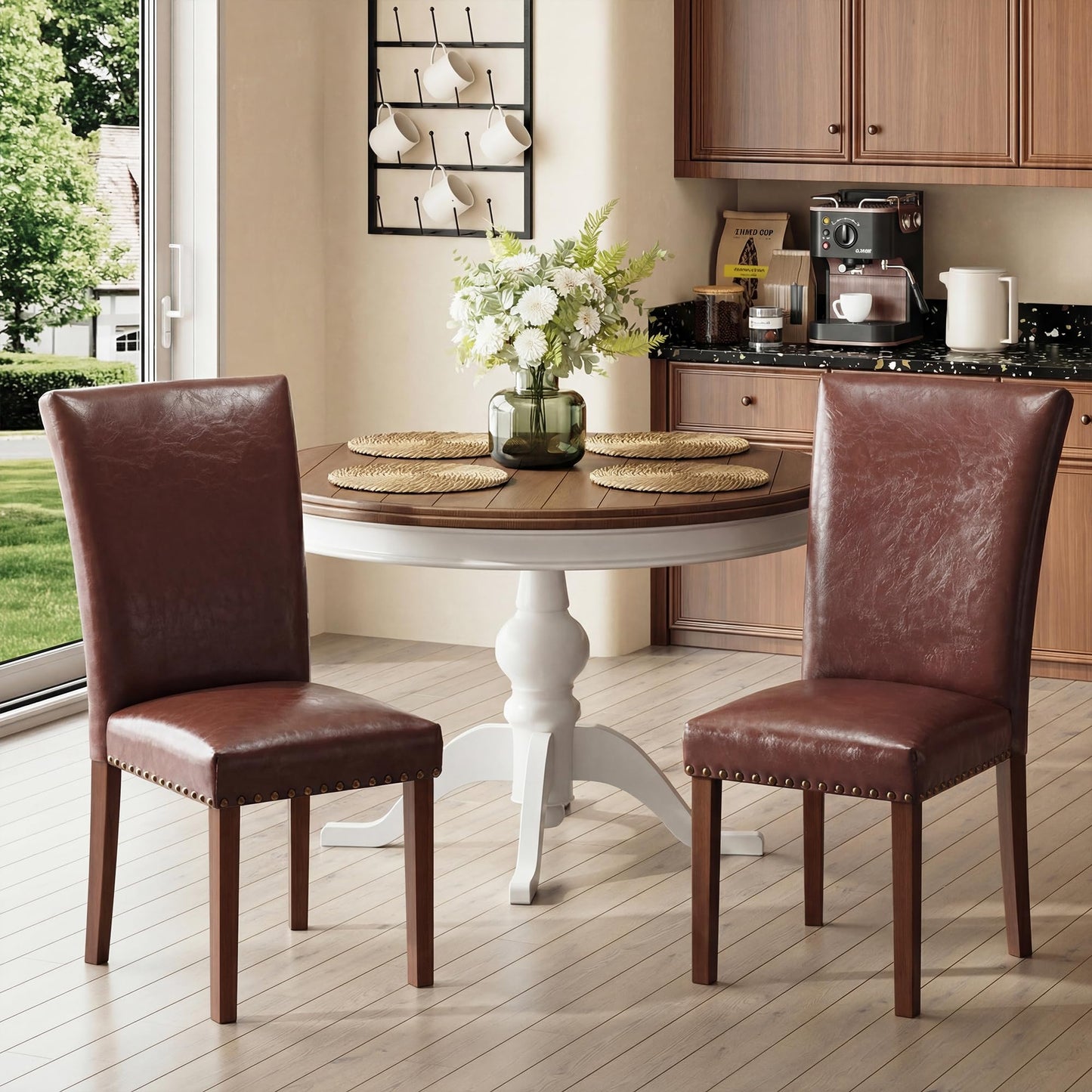MALOL High Back Dining Chairs Set of 4, Leather Dining Room Chair with Wood Legs and Nailhead Trim, Modern Padded Kitchen Chairs for Dining Room/Restaurant, Brown