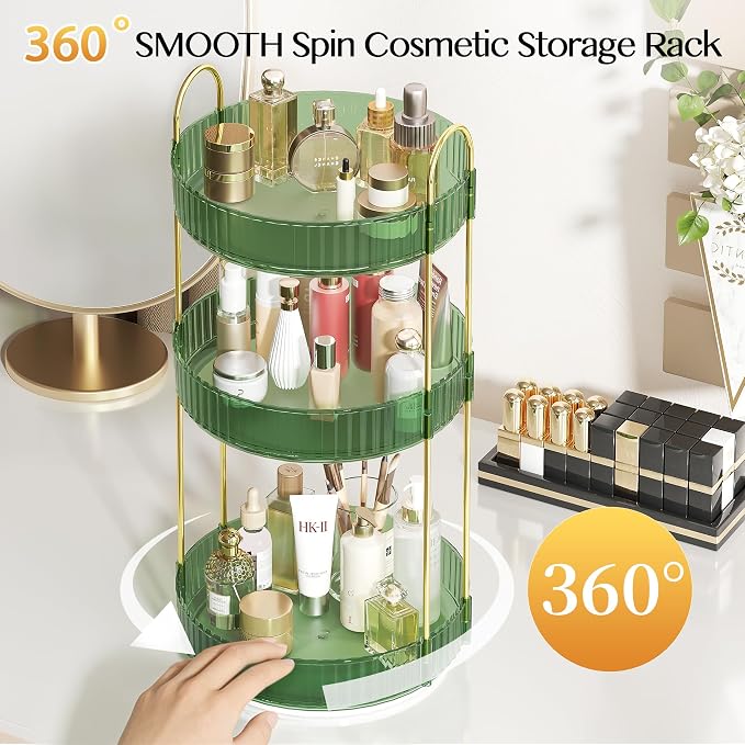Rotating Makeup Organizer Countertop,Skincare Organizers,Spinning Perfume Tray Stand,Makeup Storage Organizer for Vanity,Bathroom Organizer and Storage,Lazy Susan,3 Tier,Green