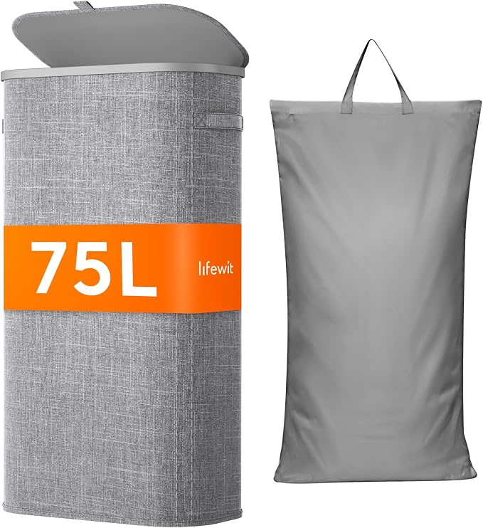 Lifewit Slim Laundry Basket with Lid, Narrow Large Laundry Hamper with Plastic Handles and Removable Bag, Tall Foldable Dirty Clothes Hampers for Laundry Room, Bedroom, Bathroom, Dorm, 75L Gray