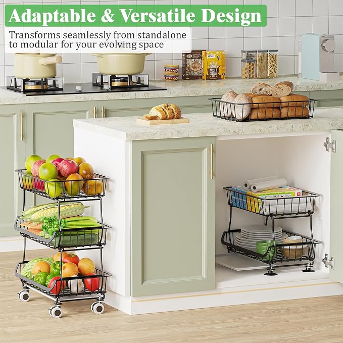 3 Tire Rolling Pantry Organizers and Storage Cart on Wheels | Metal Frame, Under Pantry Cabinet, Drip Tray, Storage for Snack, Potato, Onion, Produce, Can, Drink, Fruit and Vegetable