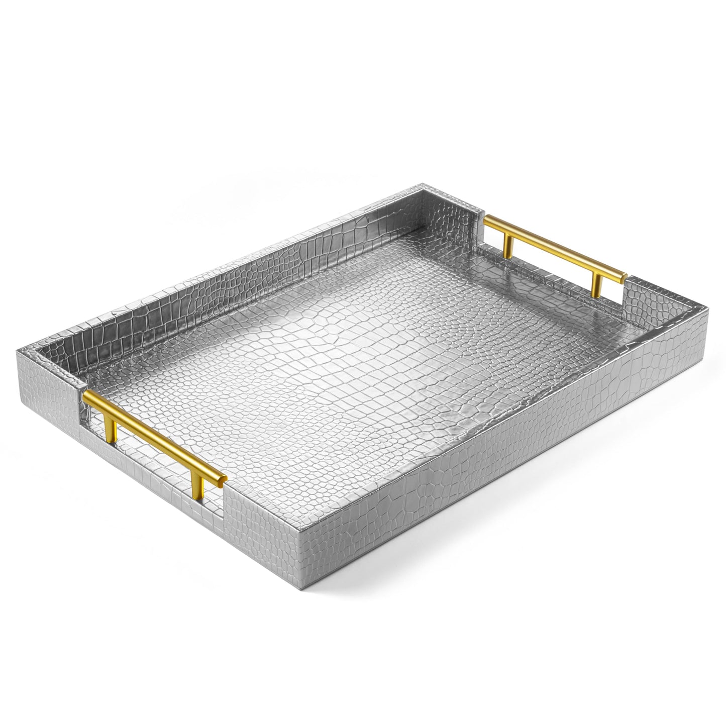 ATZYmolin 17" x 12" Wood Serving Tray with Gold Polished Metal Handles, Home Decorative Wooden Rectangle Ottoman Leather Decor Platter Bathroom Vanity Tray for All Occasions Alligator Silvery