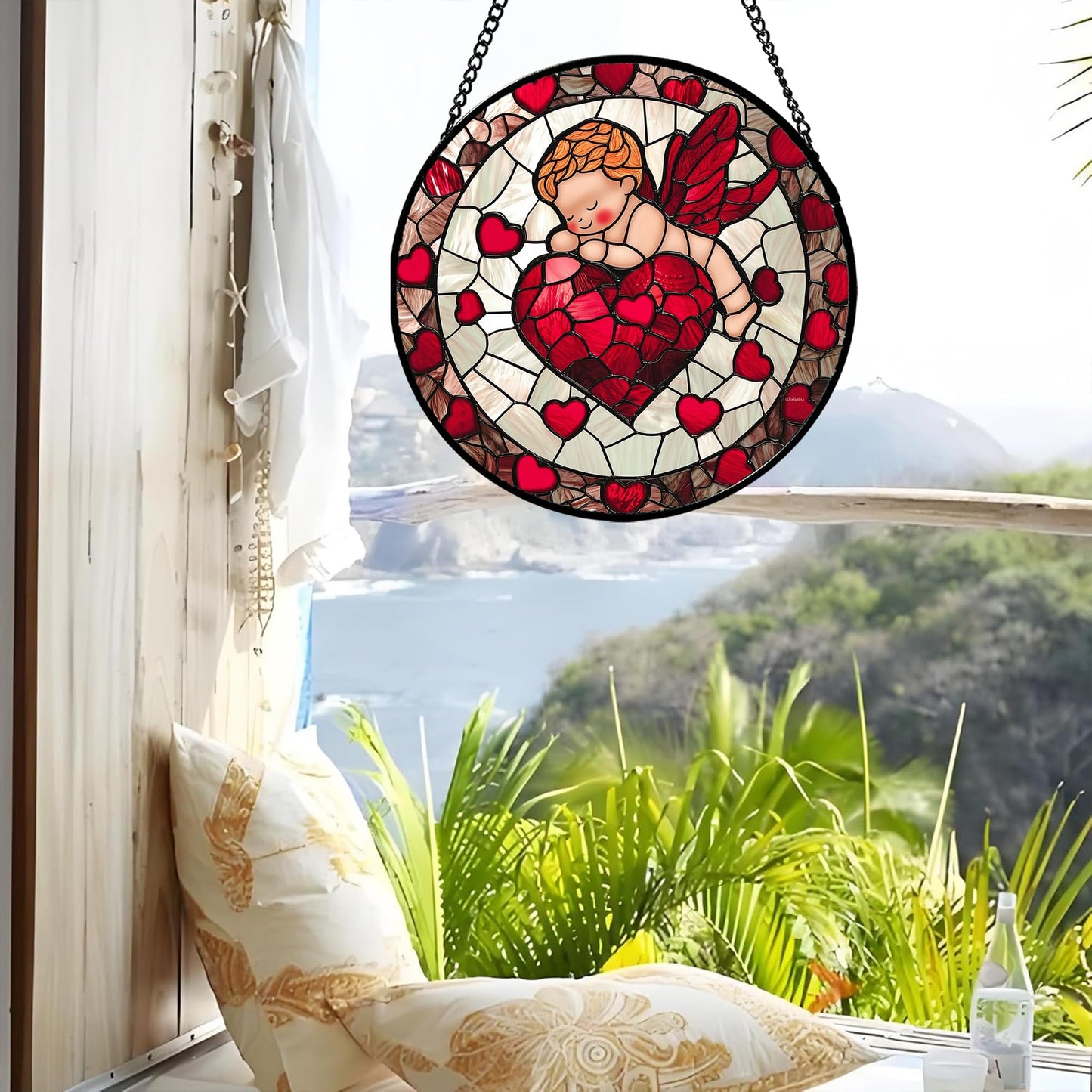 AMDERVEN Stained Glass Window Hanging - Red Love Angel Sun Catcher for Door Garden Home Decor Cute Suncatcher Christmas Mother's Day Birthday for Women Men Mom Nana 6.3 in