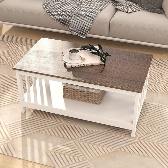 ChooChoo Farmhouse Coffee Table, White Living Room Table with Shelf, 40 Inch