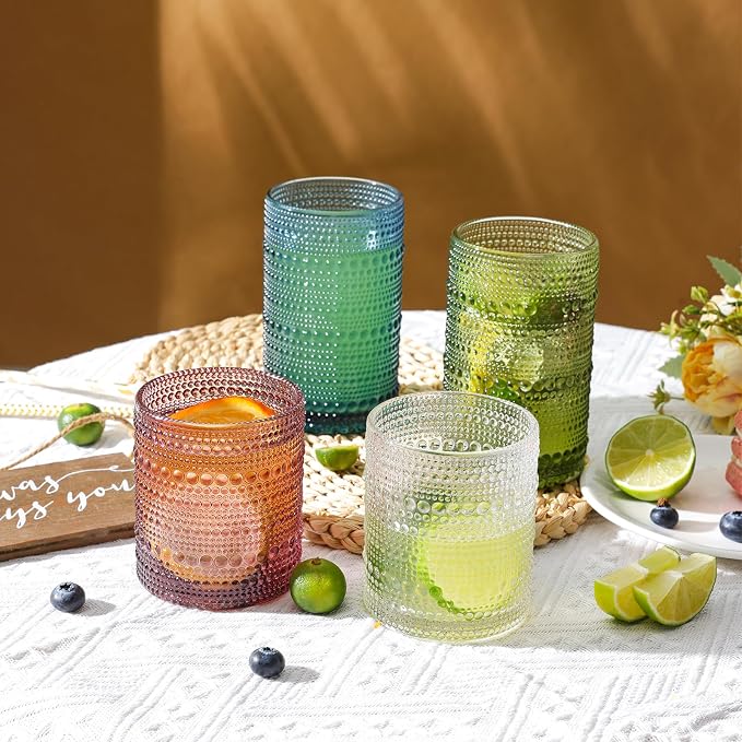 Moretoes Colored Hobnail Drinking Glasses Set of 12,Vintage Water Glass Cups Mixed Glassware, 6pcs 12oz Highballs and 6pcs 10oz Old Fashioned Glasses, Great for Cocktail, Whisky and Other Beverages