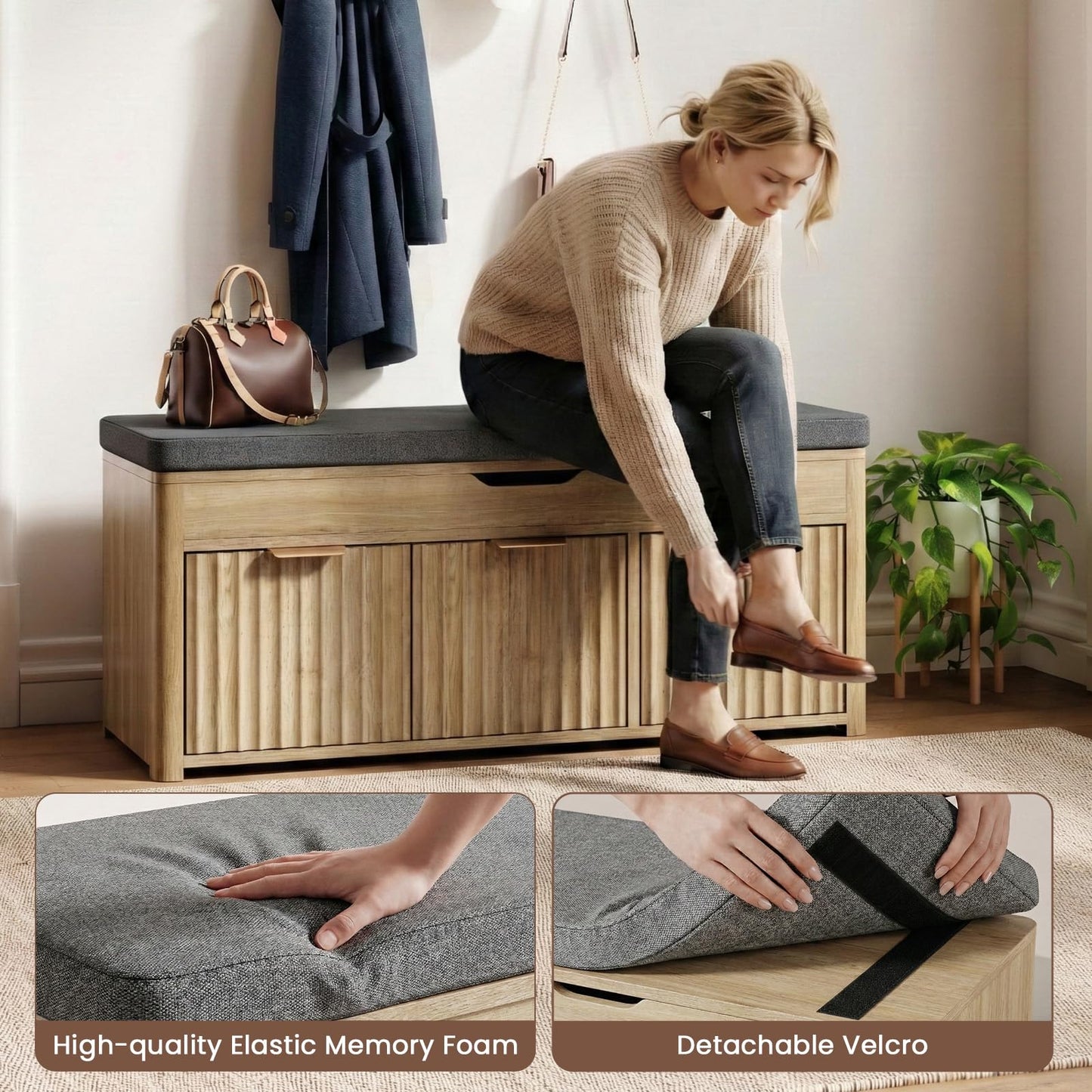 LOOMORA Shoe Bench with Storage - Lift Top Entryway Bench with Hidden Storage, Shoe Rack with Adjustable Shelves and Cushioned Seat, Wooden End of Bed Bench for Bedroom, Living Room and Hallway,Nature
