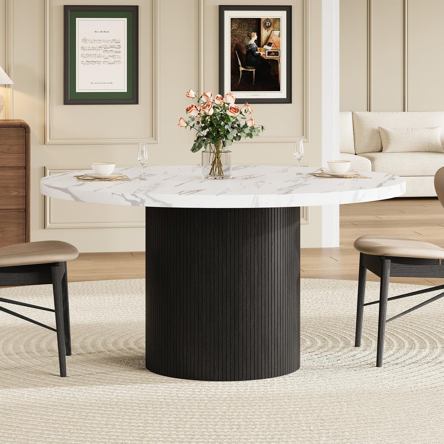 Round Kitchen Dining Table for 4-6 People, 47 inch Mid-Century Circle Dinner Tables, Rustic Wood Base in Fluted Design, Space Saving Dining Room Furniture, Large Table Only for Family Party, Marble