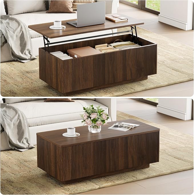 FABATO Mid Century Modern Coffee Table, Wooden Fluted Center Table with Large Hidden Compartment, 41.7” Rectangle with Round Corners, Lift Up Farmhouse Wood Table for Living Room, Home Office, Walnut
