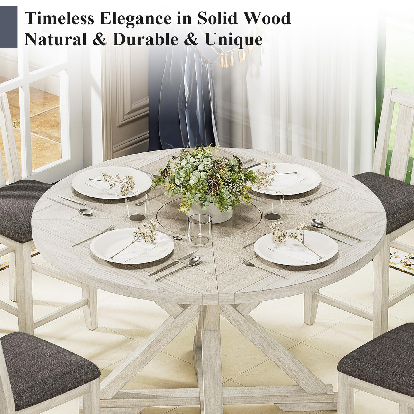 VECELO 7-Piece Solid Wood Foldable Dining Table Set for 6, Farmhouse Round Dining Table with 6 Upholstered Dining Chairs for Dining Room, Kitchen, Washed Gray