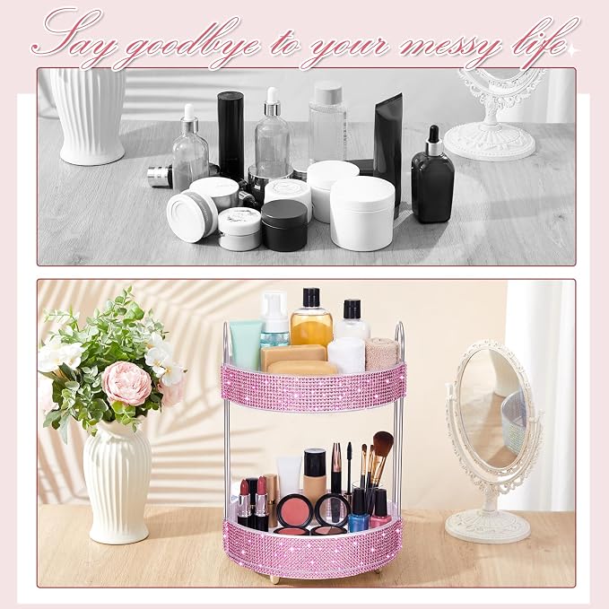 Honeydak 360 Rotating Perfume Organizer Gift for Women, Rhinestone Preppy Skincare Organizer Bathroom Counter Makeup Holder Skincare and Perfume Storage for Cosmetic(2 Tiers,Resin Diamond,Pink)