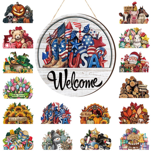 Yousoontic 17 Pcs 12 Inch Magnetic Welcome Door Sign Interchangeable Front Door Wreath Decor Rustic Seasonal Hanging Sign Patriotic Summer Decor for Home Warming Gift(Classic Color,Welcome)