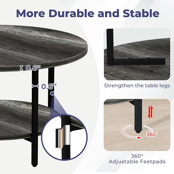 FAMIDGE Coffee Table, 27.6“ Circle Coffee Tables for Living Room, 2 Tier Round Coffee Table with Storage, Wood Accent Center Floor Table for Bedroom, Industrial Home Office, Elegant Gray