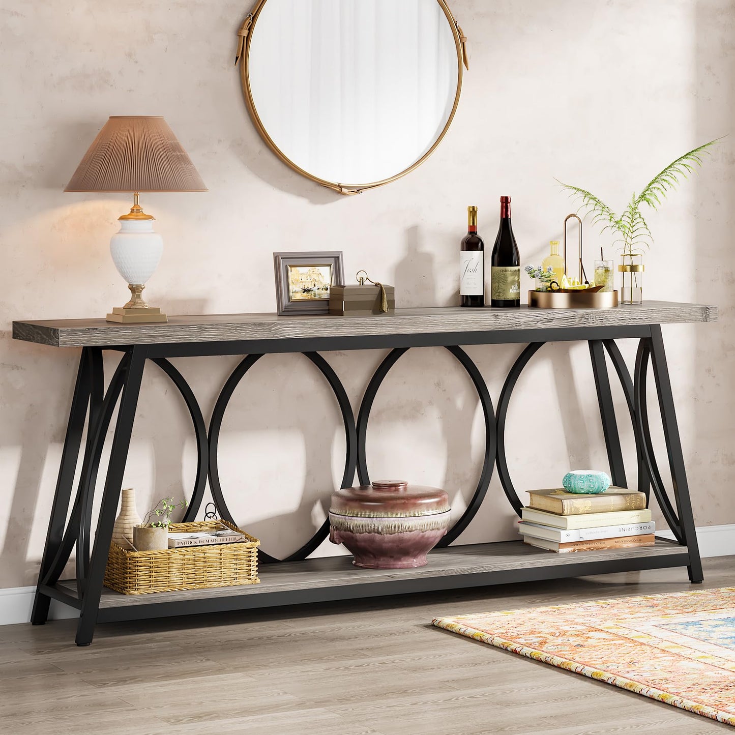 Tribesigns 70.9 inch Extra Long Console Table, Industrial Sofa Table Behind Couch with 2 Tier Storage Shelf, Narrow Entryway Hallway Accent Table for Living Room, Grey