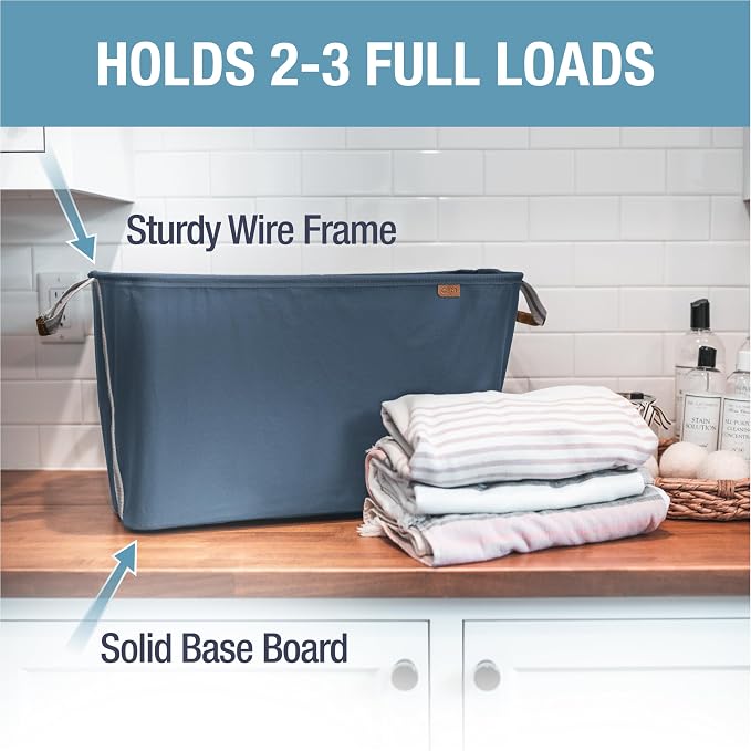 CleverMade Collapsible Laundry Basket LUXE 2 Pack – 60 L (16 Gal) Foldable Cotton Blend Clothes Hamper with Vegan Leather Accents, Reinforced Handles, Space Saving Laundry Bin Holds 55 lbs - Navy