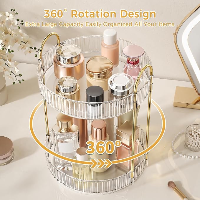 Oifecsie 360° Rotating Makeup Organizer, Large Capacity SkinCare Organizer, 2 Tier Cosmetic Skin Care Perfume Dresser Organizer, Fits Cosmetics, Perfume, Skin Care, Lipstick