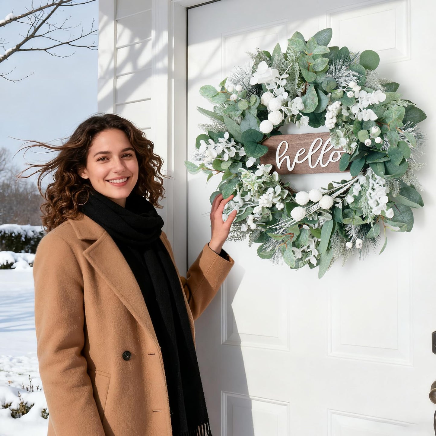 Winter Wreaths Front Door, Soomeir 24 Inch Winter Door Wreath with Snow Leaves, Pines Needles and Hello Wooden Sign for Home Window Mantle Indoor Outdoor Decor