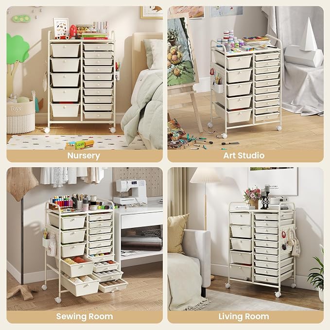 Giantex 15 Drawer Storage Cart, Rolling Craft Cart with Metal Tabletop & Pegboard, Mobile Utility Organizer Trolley with Locking Wheels, Home Office, Ivory