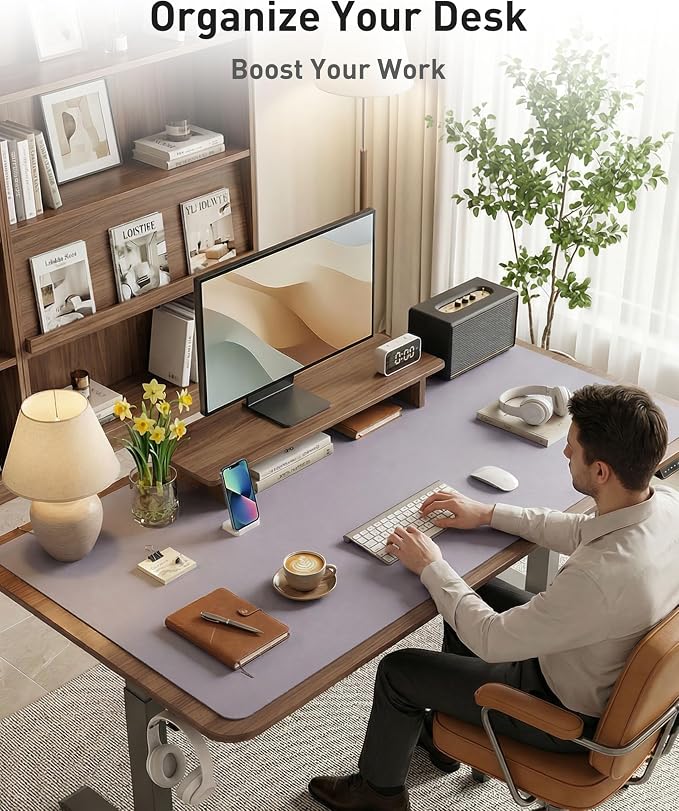 Aothia Faux Leather Desk Mat - Large Mouse Pad, Non-Slip PU Leather Blotter, Waterproof Writing Surface for Office and Home (Lavender, 42" x 17")