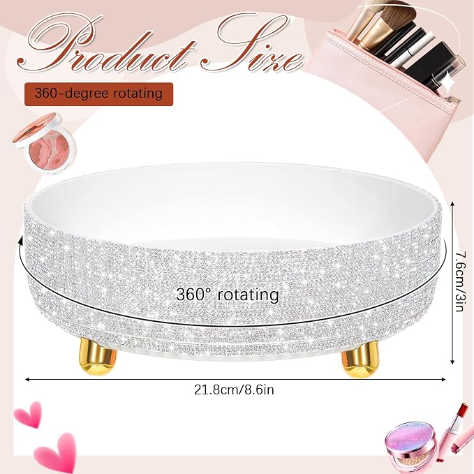 Honeydak Bling Perfume Makeup Organizer Bling Mother's Day Nurses Day Gifts for Women Bathroom Organizers and Storage 360 Rotating Makeup Organizer for Countertop(1 Tier,Rhinestone,White)