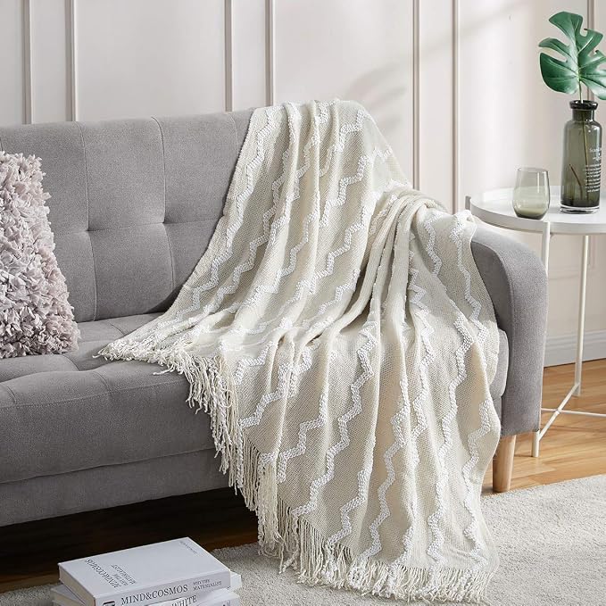 BOURINA Fluffy Chenille Knitted Fringe Throw Blanket Lightweight Soft Cozy for Bed Sofa Chair Throw Blankets Beige 60" x 80"
