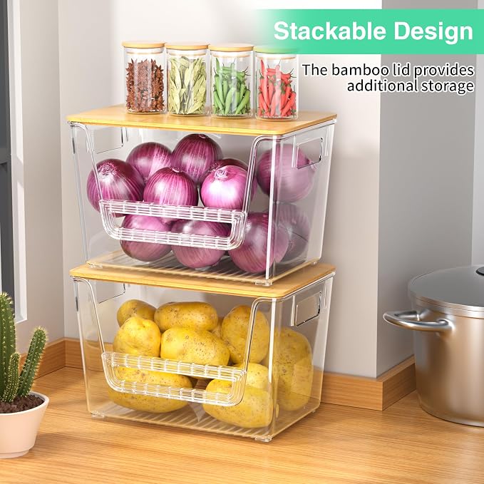2 Set Pantry Organizers,Stackable Potato and Onion Storage Bins with Bamboo Lids,Trash Bag Dispenser for 4-13 Gal Bags,kitchen Countertop Organizer for Produce or Snacks