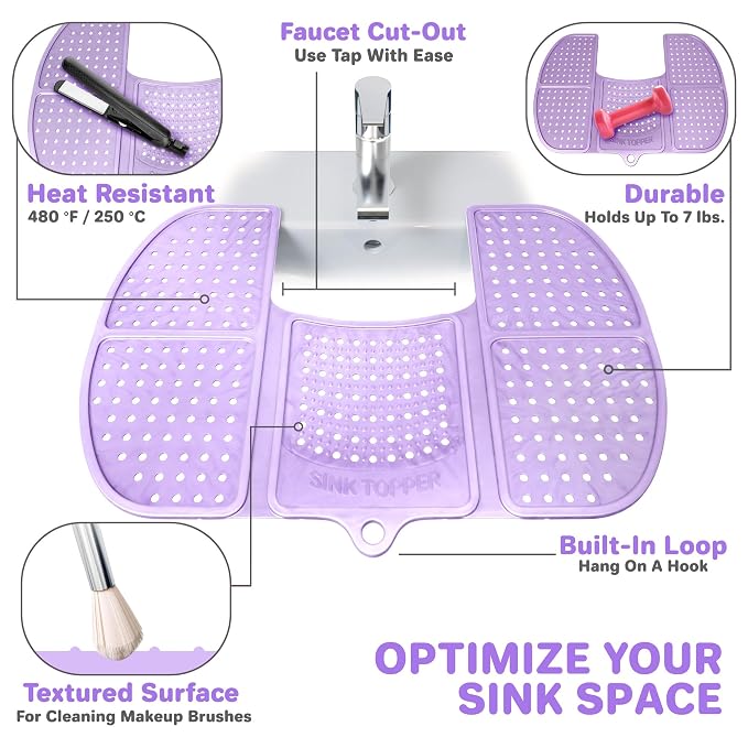 Sink Topper Bathroom Counter Cover & Storage Saver, Foldable Silicone Mat for Hot Tools, Hair Styling & Makeup, Beauty Brush Cleaning Mat, RV Camper Sink Cover & for Small Spaces (Large - Lavender)