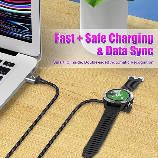 AGVEE 6.6ft Charger for Garmin Watch, L-Shape Charging Cable for Fenix, Forerunner, Vivoactive, Instinct, Venu, Tactix, Approach, D2, Quatix Series, Right Angle Braided, Dark Gray