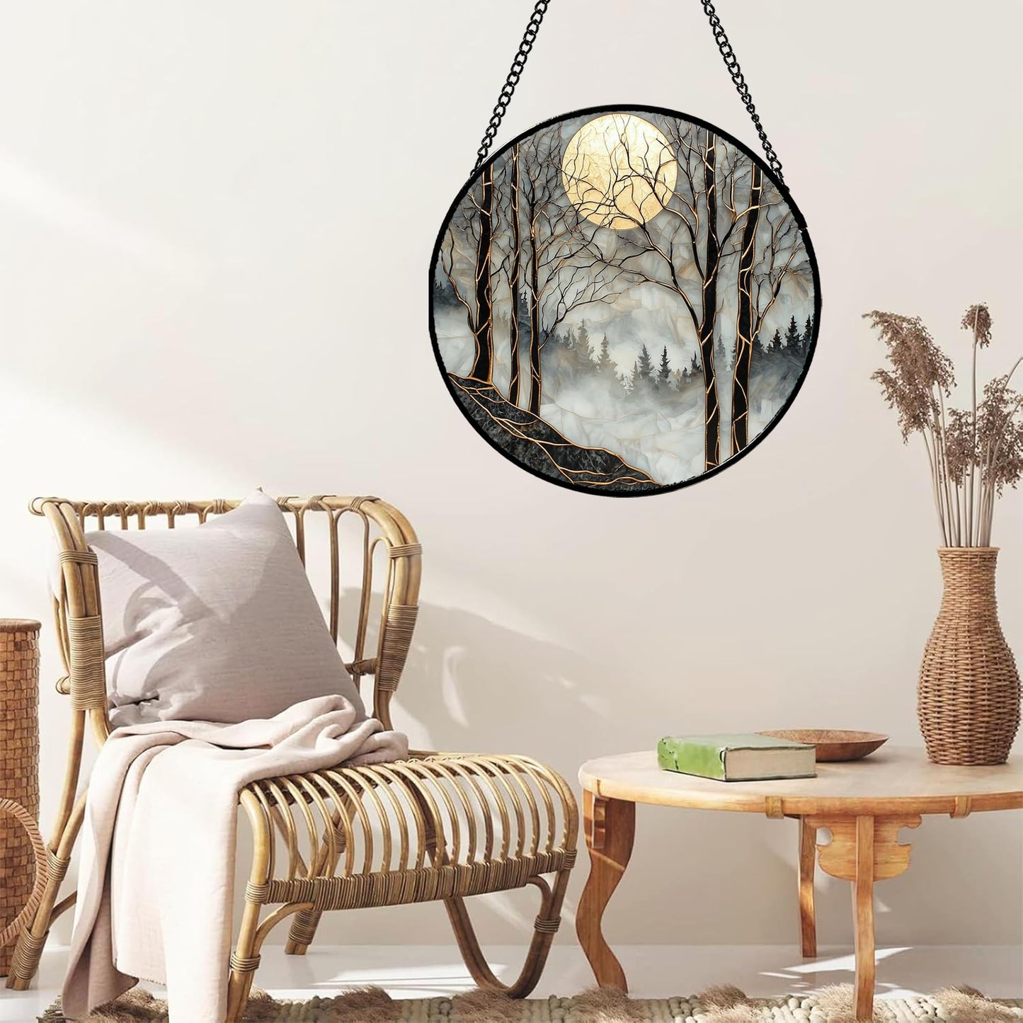 AMDERVEN Stained Glass Window Hanging - Black and White Gold Moon Forest Sun Catcher for Door Home Decor Suncatcher Christmas Mother's Day Birthday Gifts for Women Men Lovers Mom Nana 11.8 in