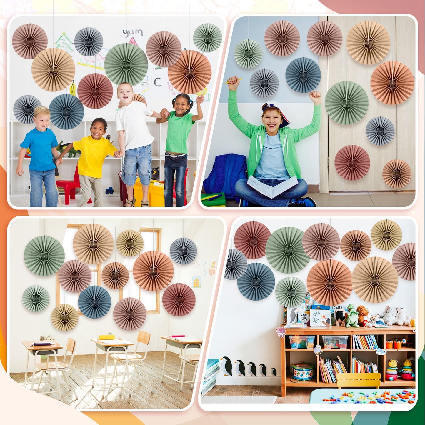 Weekgrat 18 Pcs Sage Green Brown Boho Hanging Paper Fans Decor Back to School Paper Fans Round Garlands Bulletin Board Classroom Decorations for Party Supplies Classroom Decor