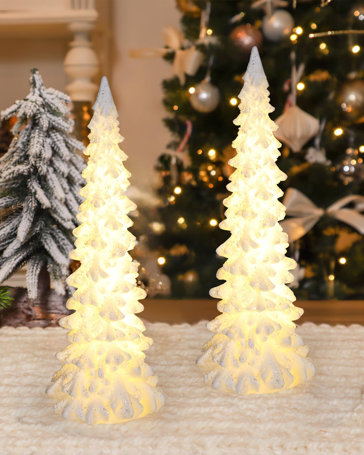 iStatue Tabletop Christmas Tree Decoration 8.3'' Tall - Set of 2 Mini White Resin LED Trees with Intricate Details Figurines - Indoor Holiday Decor and Xmas Gift (Trees)