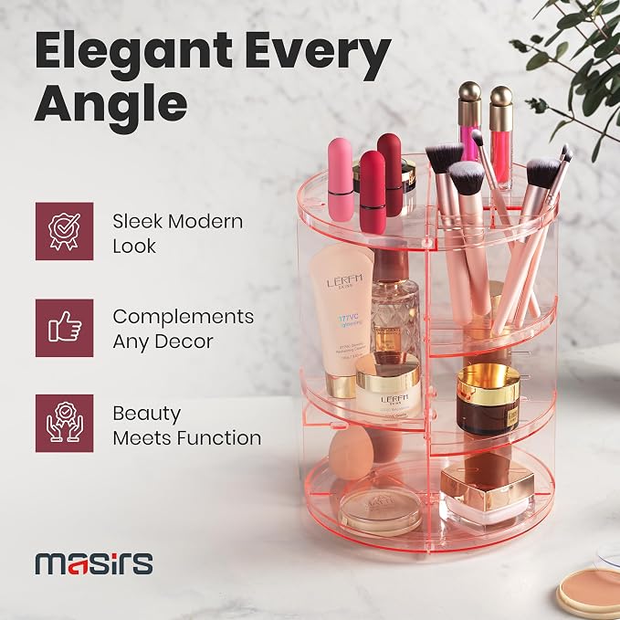 Masirs Rotating Makeup Organizer for Vanity, Large 360° Spinning Cosmetic & Skincare Organizer, Adjustable Shelf Height, Perfume Stand, Countertop Storage for Bathroom or Bedroom, Pink