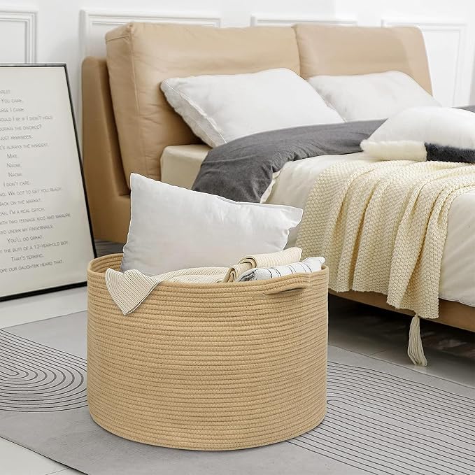 MEGASKET Extra Large Storage Basket, 22" X 22" X 14" Stuffed Animal Basket for Living Room Kids Room, Soft Cotton Rope Bin With Handle, Throw Blanket Storage, Stuffed Animal Toy Organizer Box