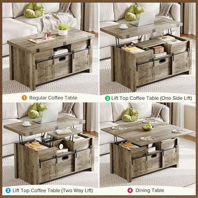 Memobarco 40" Farmhouse Lift Top Coffee Table with Sliding Barn Door,4 in 1 Multi-Function Coffee Tables with Storage Drawers & Hidden Compartment,Converts to Dining Table for Living Room,Grey