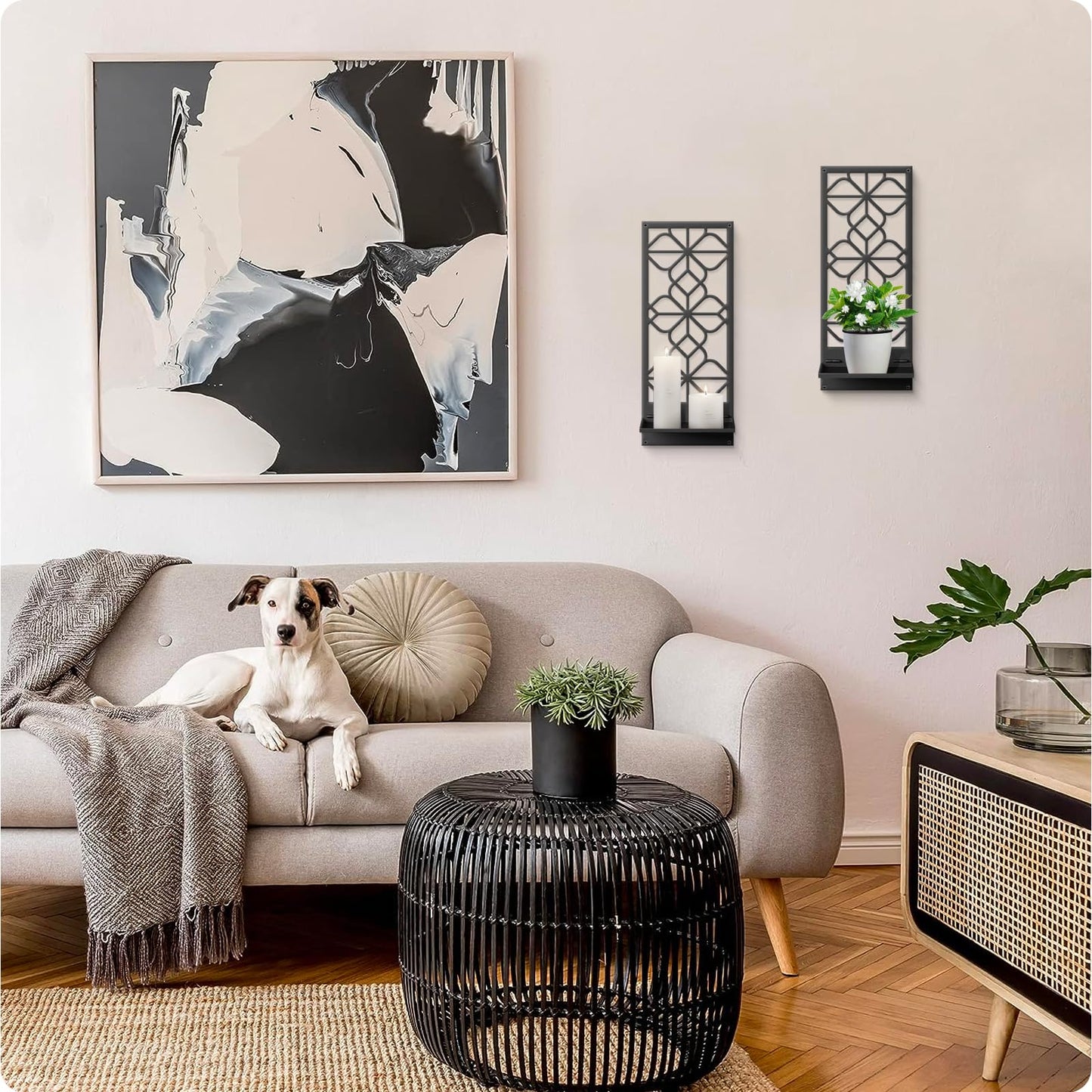 Black Metal Wall Art Decor, Minimalist Retro Line Wall Candle Holder Set of 2, for Living Room, Dining Room, Bedroom, Bathroom (16.5 x 7 in)