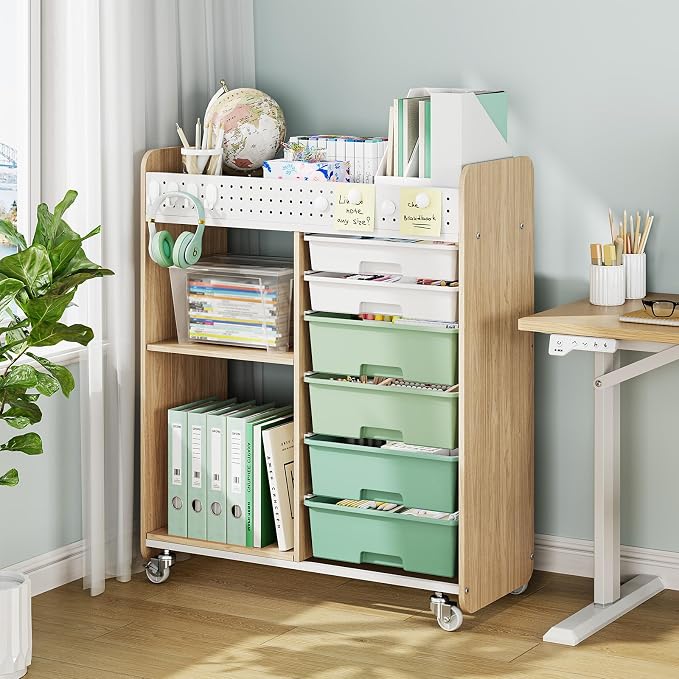 Rolling Storage Cart with Top Pegboard and 6 Drawers, Mobile Utility Cart on Wheels with Locking Brakes, Craft Organizer Lateral File Cabinet for Home, Office and Craft Room – Wood Frame(Green)