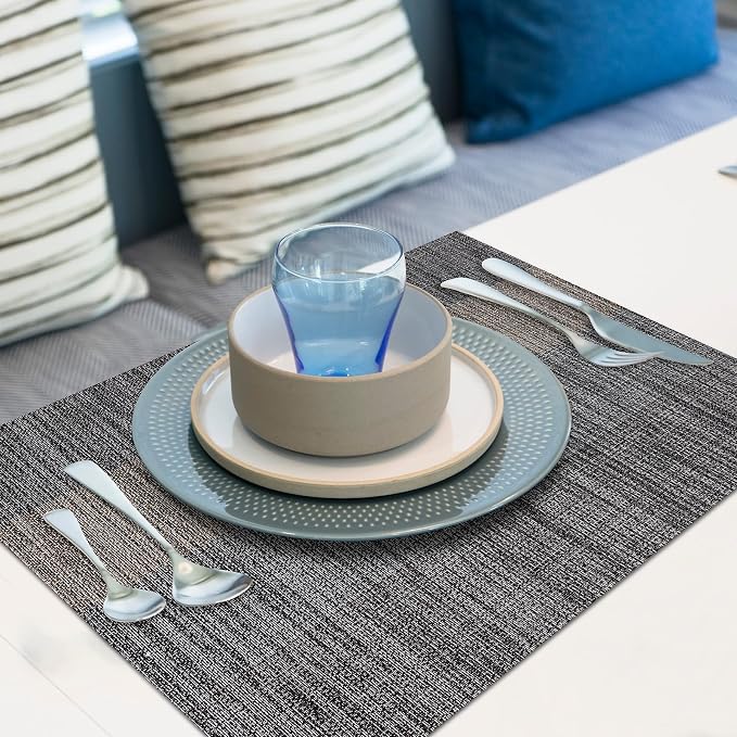 Aofmee Table Runner and Placemats Set of 6 Washable, Heat Resistant Place Mats with Table Runner, Woven Vinyl Table Placemats for Dining Table, Stain Resistant Kitchen Table Mats Sets, Easy to Clean