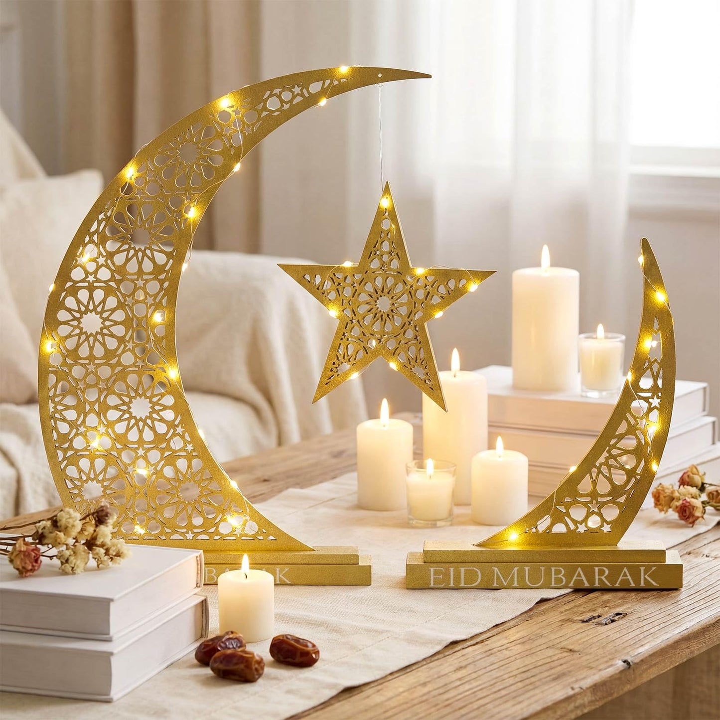 Wesiti 2 Pcs Eid Al Adha Decorations Eid Mubarak Wooden Table Decoration Islamic Gifts for Muslim Gold Crescent Lamp with Moon Star Centerpiece Light for Al Adha Decor Muslim Holiday Celebration