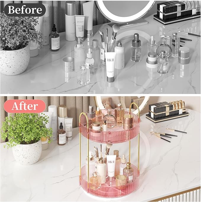 Rotating Makeup Organizer Countertop,Skincare Organizers,Spinning Perfume Tray Stand,Makeup Storage Organizer for Vanity,Bathroom Organizer and Storage,Lazy Susan,2 Tier,Pink
