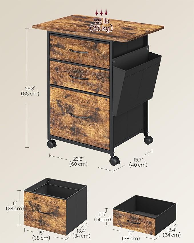 VASAGLE 3-Drawer File Cabinet, Mobile Printer Stand with Storage, Filing Cabinet for A4 Letter Size, Side Pockets, 23.6 x 15.7 x 26.8 Inch, Rustic Brown, Bellah Collection UOFC201KD01