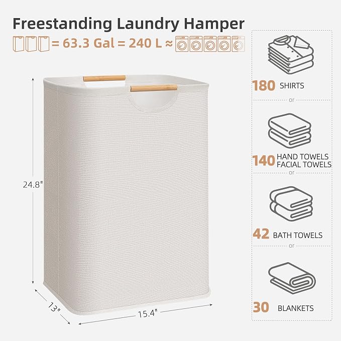 STORAGE MANIAC 3-Pack Large Laundry Hamper, 80L (21.1 Gal) Collapsible Laundry Basket with Bamboo Handles, Freestanding Waterproof Clothes Hamper for Laundry Room, Bedroom, Dorm, Towels, Beige