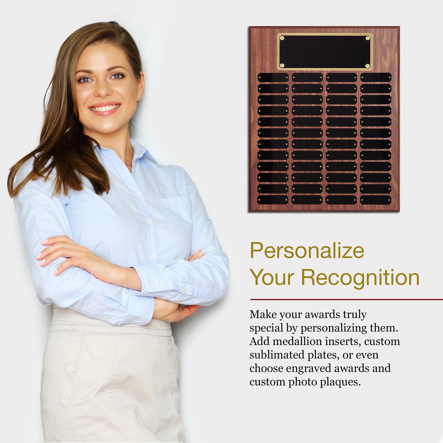 SHOP AWARDS AND GIFTS 16 x 20 Inch Perpetual Plaque Award Multiple Name Plate Board for Employee Appreciation, Recognition, Achievement, Walnut Finish with Black and Gold Header, 48 Name Plates
