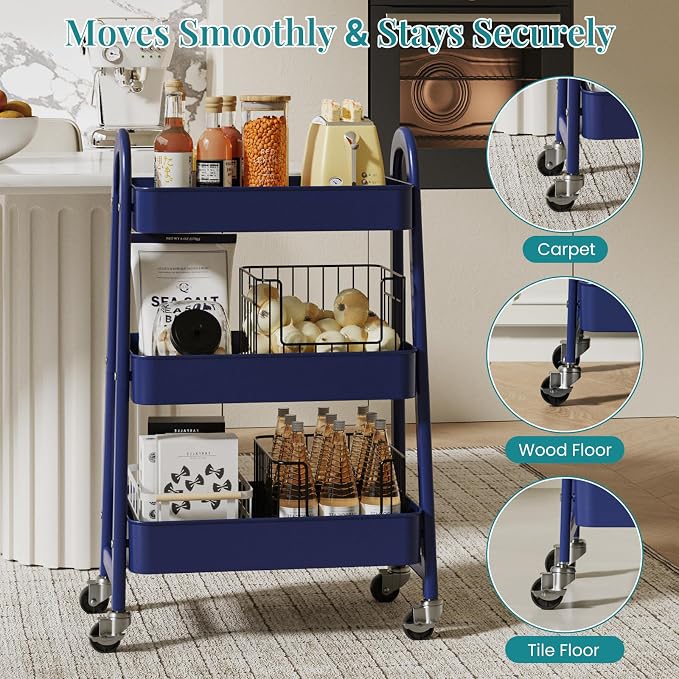 OLIXIS Metal 3 Tiers Utility Rolling Cart, Mobile Storage Shelf with Lockable Caster Wheels, Organization for Livingroom, Bathroom & Narrow Places, Blue