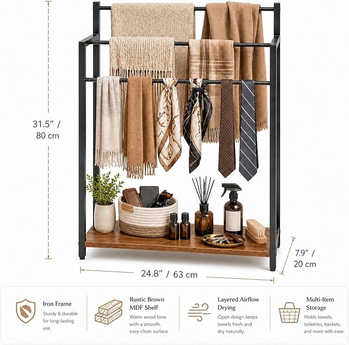 24.8" W Freestanding Towel Rack, 3 Tier Blanket Ladder Stand with Rustic Brown Wooden Shelf for Bathroom Living Room