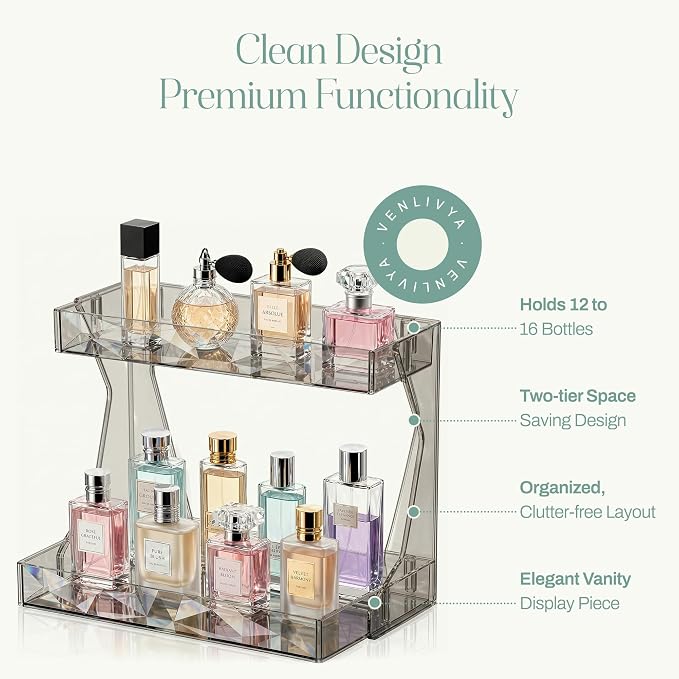 Perfume Organizer for Vanity, Premium Clear Acrylic Makeup Organizer Countertop with Non-Slip Trays, Easy 30-Second Assembly, Holds 12–16 Bottles for Bathroom & Dresser (Dark Diamond)