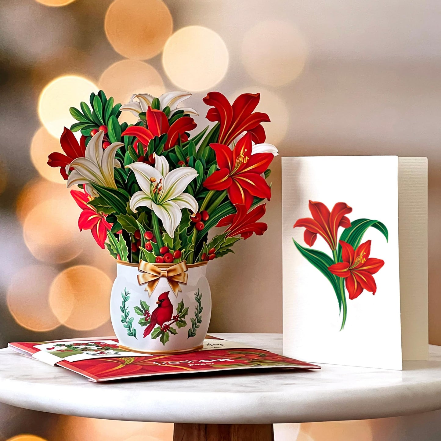 Freshcut Paper Pop Up Cards, Mini Winter Joy, 6 inch Mini Sized Paper Flower Bouquet 3D Popup Greeting Cards, Christmas Card, Holiday Card, Blank Notecards & Envelopes, Pack of 5