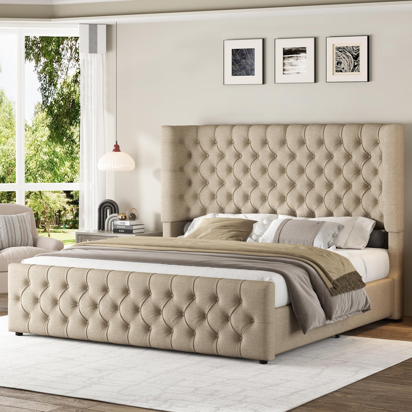 Jocisland King Size Platform Bed Frame, 6.3” Thick Upholstered Curved Wingback Headboard and Footboard with Deep Button Tufted, Easy Assembly, No Box Spring Needed, Khaki Linen