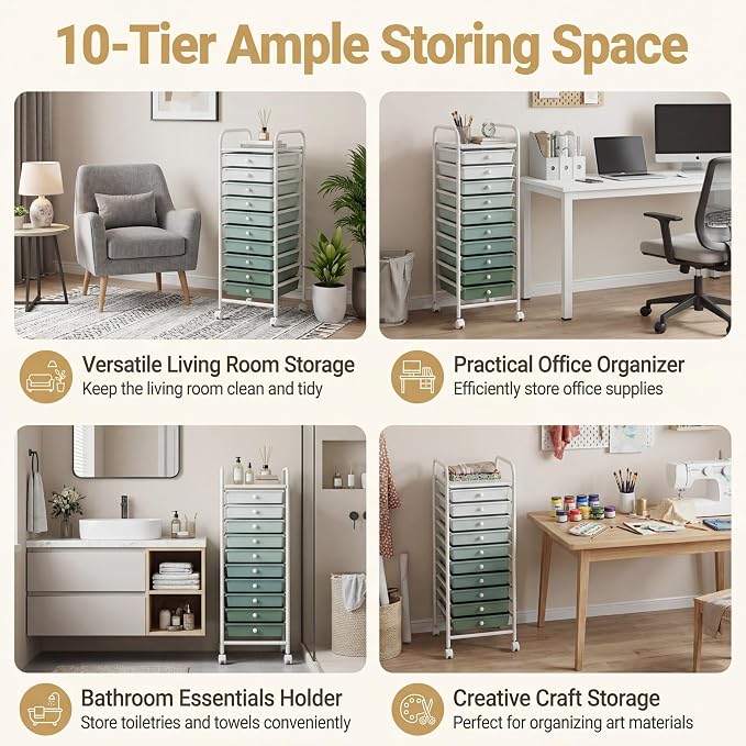COSTWAY 10-Drawer Rolling Storage Cart, Utility Mobile Trolley with Removable Drawers & Universal Casters & 2 Brakes (Green Gradient,13"L x 15"W x 34"H (10 Drawer))