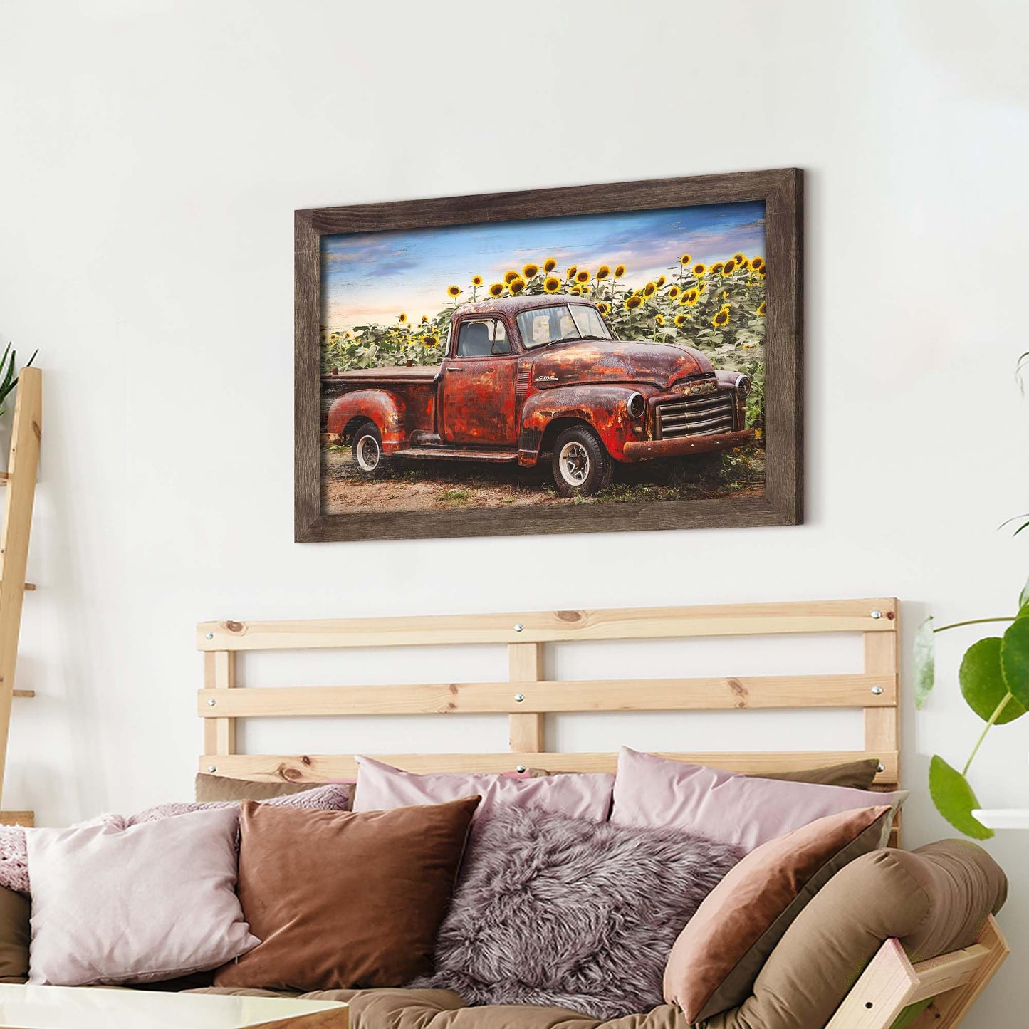 Countryside Landscape Framed Wall Art: Rustic Red Truck Painting Farm Wood Artwork Sunflower Picture Old Car Prints for Farmhouse Bedroom Decor