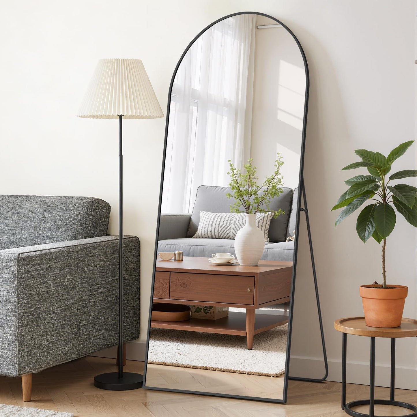 Mirror Full Length 64"x21" Full Body Floor Mirror with Stand, Shatterproof Glass, Aluminum Alloy Frame, Free Standing Wall Mounted or Leaning Arched Mirrors for Bedroom Living Room Entryway